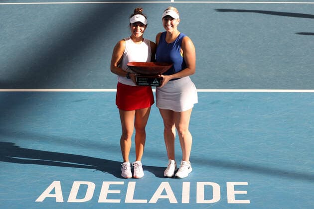 ADELAIDE, AUSTRALIA - FEBRUARY 27: Alexa Guarachi of Chile and Desirae Krawczyk of United States won the match againstt Hayley Carter of United States and Luisa Stefani of Brazil in their doubles final match on day six of the Adelaide International tennis tournament at Memorial Drive on February 27, 2021 in Adelaide, Australia. (Photo by Peter Mundy Speed Media Icon Sportswire) TENNIS: FEB 27 - Adelaide International Icon210227080