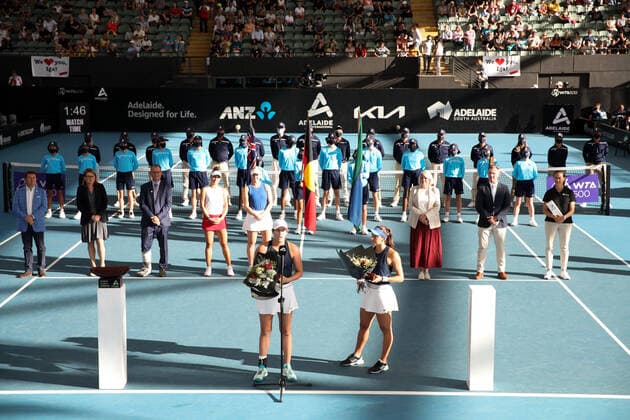ADELAIDE, AUSTRALIA - FEBRUARY 27: Winners ceremony for Alexa Guarachi of Chile and Desirae Krawczyk of United States who won the match againstt Hayley Carter of United States and Luisa Stefani of Brazil in their doubles final match on day six of the Adelaide International tennis tournament at Memorial Drive on February 27, 2021 in Adelaide, Australia. (Photo by Peter Mundy Speed Media Icon Sportswire) TENNIS: FEB 27 - Adelaide International Icon210227088