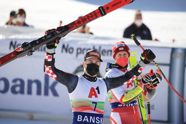 Bilder des Jahres 2021, Sport 02 Februar Sport Themen der Woche KW08 ALPINE SKIING - FIS WC Bansko BANSKO,BULGARIA,27.FEB.21 - ALPINE SKIING - FIS World Cup, giant slalom, men. Image shows the rejoicing ofFilip Zubcic (CRO). GEPAxpictures xMarioxBuehner