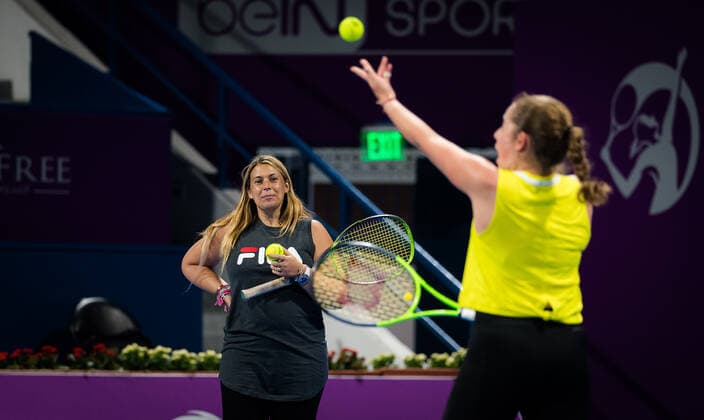 February 27, 2021, DOHA, QATAR: Marion Bartoli during practice with Jelena Ostapenko ahead of the 2021 Qatar Total Open WTA, Tennis Damen 500 tournament. DOHA QATAR - ZUMAa181 20210227_zaa_a181_349 Copyright: xRobxPrangex