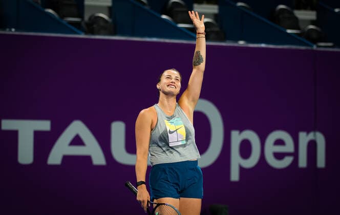 February 27, 2021, DOHA, QATAR: Aryna Sabalenka of Belarus during practice ahead of the 2021 Qatar Total Open WTA, Tennis Damen 500 tournament. DOHA QATAR - ZUMAa181 20210227_zaa_a181_350 Copyright: xRobxPrangex