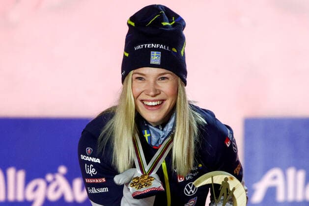 OBERSTDORF, GERMANY - FEBRUARY 27, 2021: Gold medalist Jonna Sundling of Sweden during an award ceremony for the women s classic sprint event at the 2021 FIS Nordic World Ski Championships. Sergei Bobylev TASS  TS0F8072
