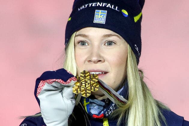 OBERSTDORF, GERMANY - FEBRUARY 27, 2021: Gold medalist Jonna Sundling of Sweden during an award ceremony for the women s classic sprint event at the 2021 FIS Nordic World Ski Championships. Sergei Bobylev TASS  TS0F8073