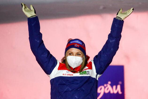OBERSTDORF, GERMANY - FEBRUARY 27, 2021: Silver medalist Maiken Caspersen Falla of Norway during an award ceremony for the women s classic sprint event at the 2021 FIS Nordic World Ski Championships. Sergei Bobylev TASS  TS0F8077