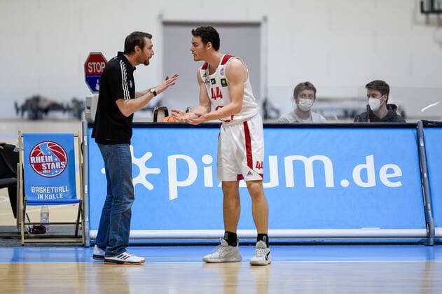 Barmer 2 Basketball Bundesliga ProB, Rheinstars Koeln vs Itzehoe Eagles, 27 02 2021 Johannes Strasser coach RheinStars Koeln , Benedict van Laack RheinStars Koeln 44 , Barmer 2 Basketball Bundesliga ProB, Rheinstars Koeln vs Itzehoe Eagles on 27 02 2021 at the Basketball Campus Koeln in Koeln North Rhine Westphalia Copyright: xBEAUTIFULxSPORTS Mueller-Laschetx