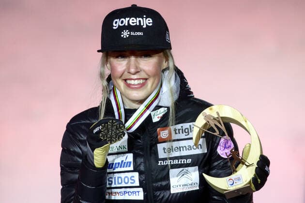 OBERSTDORF, GERMANY - FEBRUARY 27, 2021: Bronze medalist Anamarija Lampic of Slovenia during an award ceremony for the women s classic sprint event at the 2021 FIS Nordic World Ski Championships. Sergei Bobylev TASS  TS0F807A