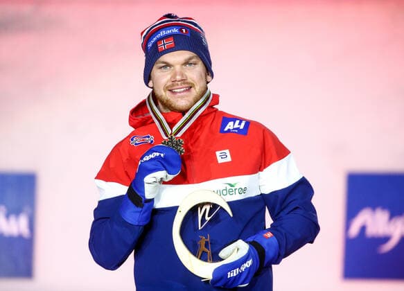 OBERSTDORF, GERMANY - FEBRUARY 27, 2021: Bronze medalist Haavard Solaas Taugboel of Norway during an award ceremony for the men s classic sprint event at the 2021 FIS Nordic World Ski Championships. Sergei Bobylev TASS  TS0F807B
