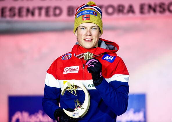 OBERSTDORF, GERMANY - FEBRUARY 27, 2021: Gold medalist Johannes Hoesflot Klaebo of Norway during an award ceremony for the men s classic sprint event at the 2021 FIS Nordic World Ski Championships. Sergei Bobylev TASS  TS0F807C