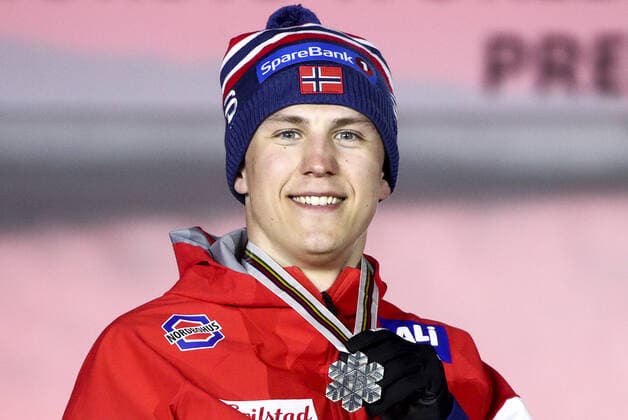 OBERSTDORF, GERMANY - FEBRUARY 27, 2021: Silver medalist Erik Valnes of Norway during an award ceremony for the men s classic sprint event at the 2021 FIS Nordic World Ski Championships. Sergei Bobylev TASS  TS0F8082