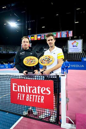 Henri Kontinen (Fin) Edouard Roger Vasselin (fra) posant avec le trophee des vainqueurs devant le Logo Emirates TENNIS : Open Sud de France 2021 - Finale Double Messieurs - Montpellier - 28 02 2021 JBAutissier Panoramic 