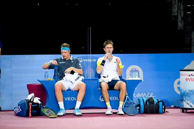 Henri Kontinen (Fin) Edouard Roger Vasselin (fra) TENNIS : Open Sud de France 2021 - Finale Double Messieurs - Montpellier - 28 02 2021 JBAutissier Panoramic 