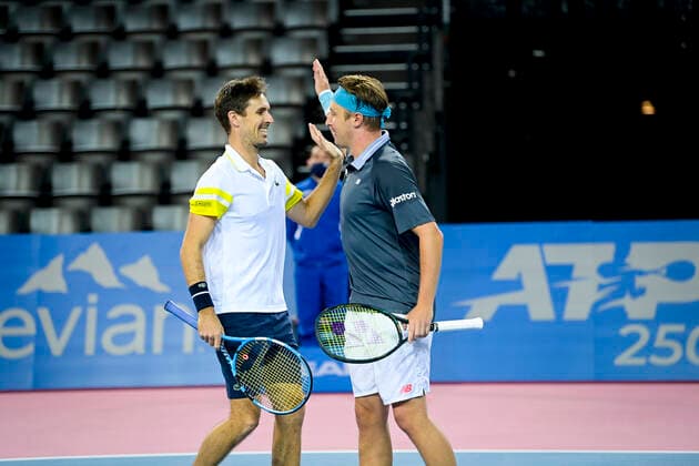 joie de Henri Kontinen (Fin) et de Edouard Roger Vasselin (fra) en fin de match - victoire TENNIS : Open Sud de France 2021 - Finale Double Messieurs - Montpellier - 28 02 2021 JBAutissier Panoramic 