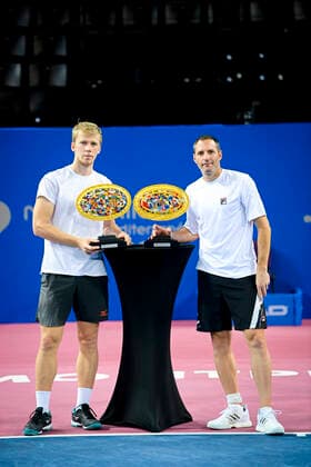 Jonathan Erlich (isr) Andrei Vasilevski (Blr) posant avec le trophee des finalistes TENNIS : Open Sud de France 2021 - Finale Double Messieurs - Montpellier - 28 02 2021 JBAutissier Panoramic 