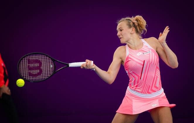 February 28, 2021, DOHA, QATAR: Katerina Siniakova of the Czech Republic in action during the second qualifications round of the 2021 Qatar Total Open WTA, Tennis Damen 500 tournament against Lesia Tsurenko of Ukraine DOHA QATAR - ZUMAa181 20210228_zaa_a181_053 Copyright: xRobxPrangex