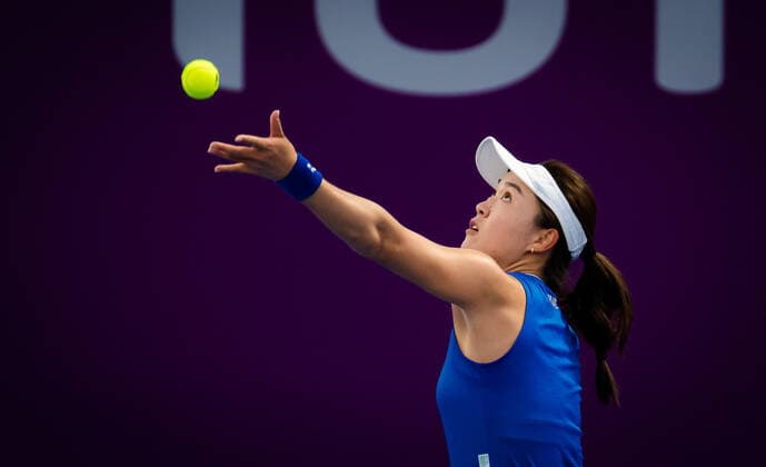 February 28, 2021, DOHA, QATAR: Lin Zhu of China in action during the second qualifications round of the 2021 Qatar Total Open WTA, Tennis Damen 500 tournament against Kristyna Pliskova of the Czech Republic DOHA QATAR - ZUMAa181 20210228_zaa_a181_083 Copyright: xRobxPrangex