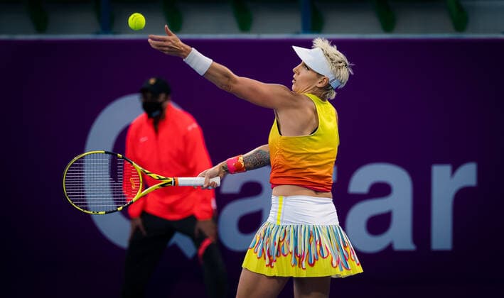 February 28, 2021, DOHA, QATAR: Bethanie Mattek-Sands of the United States in action during the second qualifications round of the 2021 Qatar Total Open WTA, Tennis Damen 500 tournament against Yaroslava Shvedova of Kazakhstan DOHA QATAR - ZUMAa181 20210228_zaa_a181_086 Copyright: xRobxPrangex