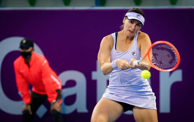 February 28, 2021, DOHA, QATAR: Yaroslava Shvedova of Kazakhstan in action during the second qualifications round of the 2021 Qatar Total Open WTA, Tennis Damen 500 tournament against Bethanie Mattek-Sands of the United States DOHA QATAR - ZUMAa181 20210228_zaa_a181_090 Copyright: xRobxPrangex