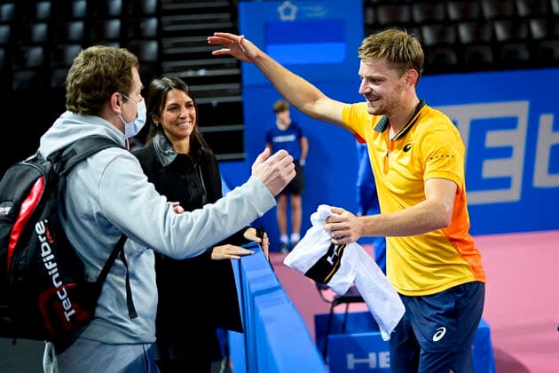 joie de David Goffin (Bel) en fin de match embrassant son coach TENNIS : Open Sud de France 2021 - Finale Simple messieurs - Montpellier - 28 02 2021 JBAutissier Panoramic 