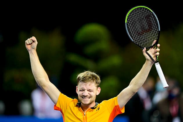 joie de David Goffin (Bel) en fin de match TENNIS : Open Sud de France 2021 - Finale Simple messieurs - Montpellier - 28 02 2021 JBAutissier Panoramic 