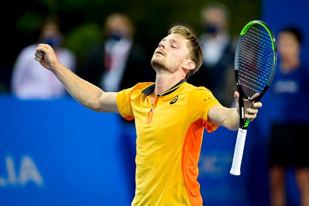 joie de David Goffin (Bel) en fin de match TENNIS : Open Sud de France 2021 - Finale Simple messieurs - Montpellier - 28 02 2021 JBAutissier Panoramic 