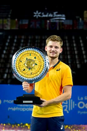 joie de David Goffin (Bel) posant avec le trophee de vainqueur TENNIS : Open Sud de France 2021 - Finale Simple messieurs - Montpellier - 28 02 2021 JBAutissier Panoramic 