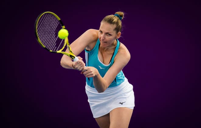 February 28, 2021, DOHA, QATAR: Kristyna Pliskova of the Czech Republic in action during the second qualifications round of the 2021 Qatar Total Open WTA, Tennis Damen 500 tournament against Lin Zhu of China DOHA QATAR - ZUMAa181 20210228_zaa_a181_156 Copyright: xRobxPrangex