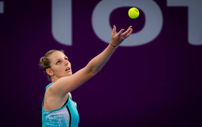 February 28, 2021, DOHA, QATAR: Kristyna Pliskova of the Czech Republic in action during the second qualifications round of the 2021 Qatar Total Open WTA, Tennis Damen 500 tournament against Lin Zhu of China DOHA QATAR - ZUMAa181 20210228_zaa_a181_157 Copyright: xRobxPrangex