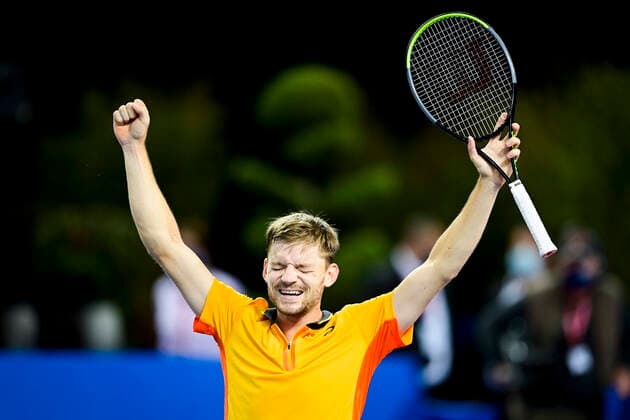 joie de David Goffin (Bel) en fin de match TENNIS : Open Sud de France 2021 - Finale Simple messieurs - Montpellier - 28 02 2021 JBAutissier Panoramic 