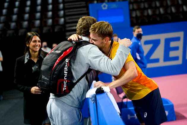 joie de David Goffin (Bel) embrassant son coach TENNIS : Open Sud de France 2021 - Finale Simple messieurs - Montpellier - 28 02 2021 JBAutissier Panoramic 