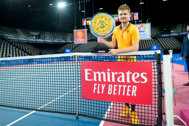 David Goffin (Bel) posant avec le trophee du Vainqueur TENNIS : Open Sud de France 2021 - Finale Simple messieurs - Montpellier - 28 02 2021 JBAutissier Panoramic 
