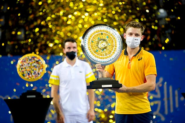 David Goffin (Bel) posant avec le trophee du Vainqueur TENNIS : Open Sud de France 2021 - Finale Simple messieurs - Montpellier - 28 02 2021 JBAutissier Panoramic 