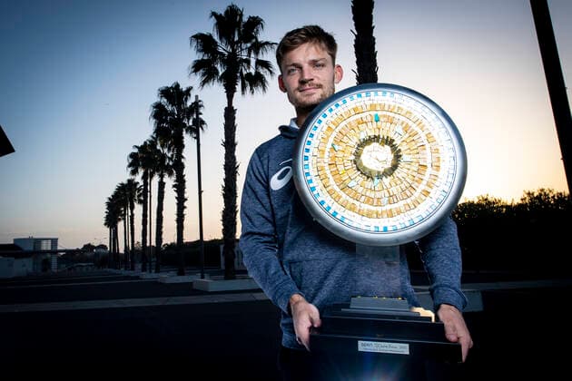 David Goffin (Bel) posant avec le trophee du Vainqueur TENNIS : Open Sud de France 2021 - Finale Simple messieurs - Montpellier - 28 02 2021 JBAutissier Panoramic 