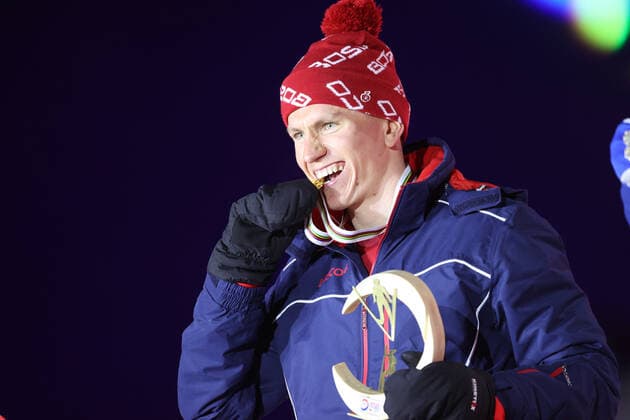 NORDIC SKIING - FIS Nordic World Ski Championships Oberstdorf 2021 OBERSTDORF,GERMANY,28.FEB.21 - NORDIC SKIING, CROSS COUNTRY SKIING - FIS Nordic World Ski Championships, 30km Skiathlon, men, award ceremony. Image shows Alexander Bolshunov (RSF). Keywords: medal, trophy. GEPAxpictures xChristianxWalgram