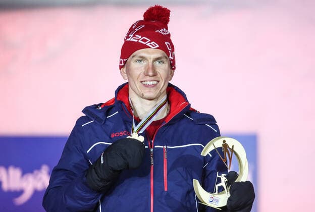 OBERSTDORF, GERMANY - FEBRUARY 28, 2021: Gold medalist Alexander Bolshunov of Russia poses for a photograph during an award ceremony for the men s 30km skiathlon event at the 2021 FIS Nordic World Ski Championships. Sergei Bobylev TASS  TS0F8210