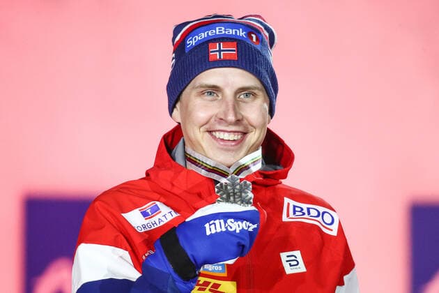 OBERSTDORF, GERMANY - FEBRUARY 28, 2021: Silver medalist Simen Hegstad Krueger of Norway poses for a photograph during an award ceremony for the men s 30km skiathlon event at the 2021 FIS Nordic World Ski Championships. Sergei Bobylev TASS  TS0F8219