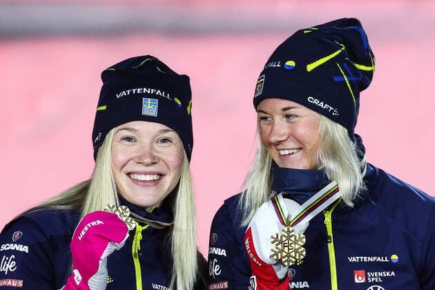 OBERSTDORF, GERMANY - FEBRUARY 28, 2021: Gold medalists Maja Dahlqvist (L) and Jonna Sundling of Sweden pose for a photograph during an award ceremony for the women s team sprint event at the 2021 FIS Nordic World Ski Championships. Sergei Bobylev TASS  TS0F822A