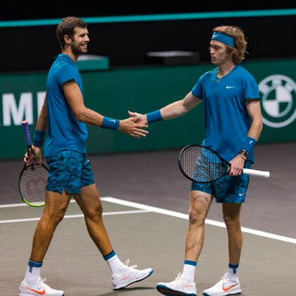 Rotterdam, The Netherlands, 28 Februari 2021, ABNAMRO World Tennis Tournament, Ahoy, First round doubles: Karen Kachanov (RUS) Andrey Rublev (RUS). xtennisimagescomxhenkkosterx  Copyright: xHenkxKosterx