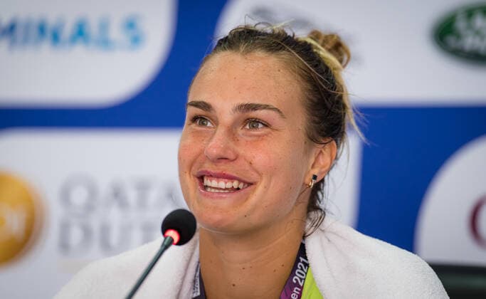 March 1, 2021, DOHA, QATAR: Aryna Sabalenka of Belarus talks to the media ahead of the 2021 Qatar Total Open WTA, Tennis Damen 500 tournament. DOHA QATAR - ZUMAa181 20210301_zaa_a181_005 Copyright: xRobxPrangex