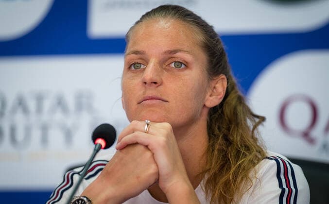 March 1, 2021, DOHA, QATAR: Karolina Pliskova of the Czech Republic talks to the media ahead of the 2021 Qatar Total Open WTA, Tennis Damen 500 tournament. DOHA QATAR - ZUMAa181 20210301_zaa_a181_007 Copyright: xRobxPrangex