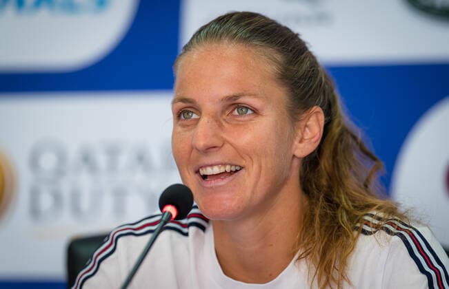 March 1, 2021, DOHA, QATAR: Karolina Pliskova of the Czech Republic talks to the media ahead of the 2021 Qatar Total Open WTA, Tennis Damen 500 tournament. DOHA QATAR - ZUMAa181 20210301_zaa_a181_009 Copyright: xRobxPrangex