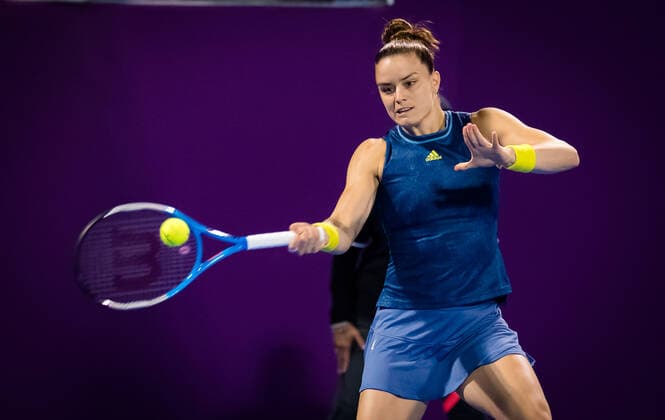 March 1, 2021, DOHA, QATAR: Maria Sakkari of Greece in action during her first round match at the 2021 Qatar Total Open WTA, Tennis Damen 500 tournament against Mayar Sherif of Egypt DOHA QATAR - ZUMAa181 20210301_zaa_a181_111 Copyright: xRobxPrangex
