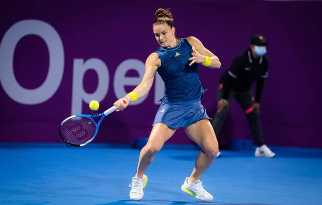 March 1, 2021, DOHA, QATAR: Maria Sakkari of Greece in action during her first round match at the 2021 Qatar Total Open WTA, Tennis Damen 500 tournament against Mayar Sherif of Egypt DOHA QATAR - ZUMAa181 20210301_zaa_a181_112 Copyright: xRobxPrangex