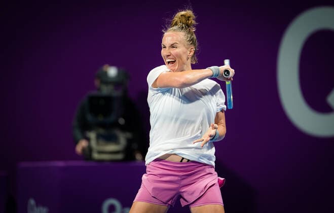 March 1, 2021, DOHA, QATAR: Svetlana Kuznetsova of Russia in action during the first round of the 2021 Qatar Total Open WTA, Tennis Damen 500 tournament against Victoria Azarenka of Belarus DOHA QATAR - ZUMAa181 20210301_zaa_a181_131 Copyright: xRobxPrangex
