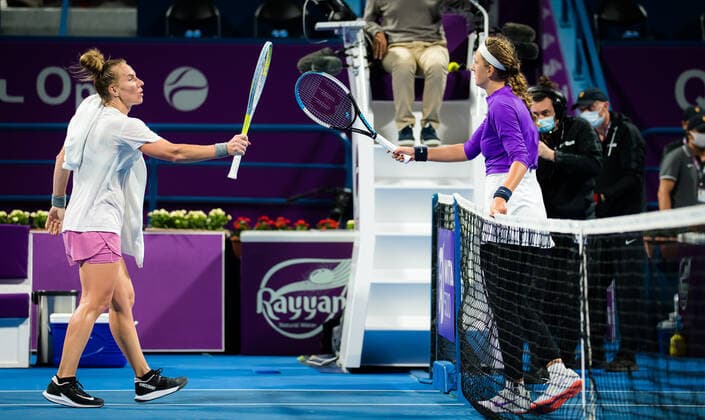 March 1, 2021, DOHA, QATAR: Svetlana Kuznetsova of Russia & Victoria Azarenka of Belarus in action during the first round of the 2021 Qatar Total Open WTA, Tennis Damen 500 tournament DOHA QATAR - ZUMAa181 20210301_zaa_a181_142 Copyright: xRobxPrangex