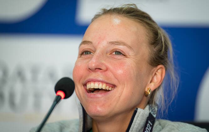 March 1, 2021, DOHA, QATAR: Anett Kontaveit of Estonia talks to the media after winning her first round match at the 2021 Qatar Total Open WTA, Tennis Damen 500 tournament DOHA QATAR - ZUMAa181 20210301_zaa_a181_190 Copyright: xRobxPrangex