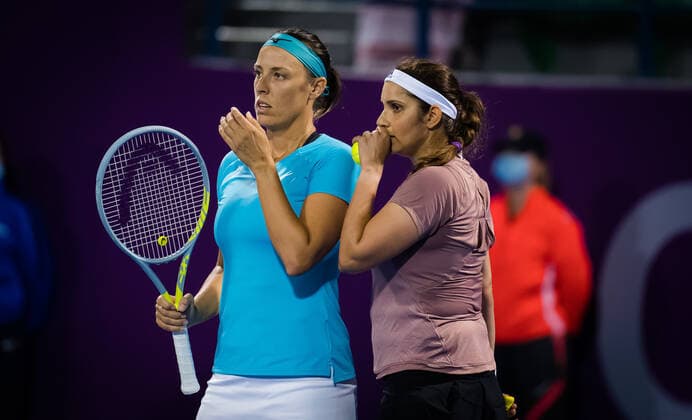 March 1, 2021, DOHA, QATAR: Andreja Klepac of Slovenia & Sania Mirza of India playing doubles at the 2021 Qatar Total Open WTA, Tennis Damen 500 tournament DOHA QATAR - ZUMAa181 20210301_zaa_a181_199 Copyright: xRobxPrangex