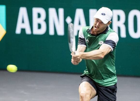 ROTTERDAM John Millman AUS in action against Alex de Minaur AUS on the second day of the ABN AMRO World Tennis Tournament in Rotterdam, The Netherlands, 02 March 2021 The ATP tournament in Ahoy takes place without an audience due to the corona pandemic ANP KOEN SUYK xVIxANPxSportx xxANPxIVx 428786393