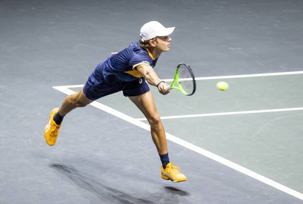 ROTTERDAM Alex de Minaur AUS in action against John Millman AUS on the second day of the ABN AMRO World Tennis Tournament in Rotterdam, The Netherlands, 02 March 2021 The ATP tournament in Ahoy takes place without an audience due to the corona pandemic ANP KOEN SUYK xVIxANPxSportx xxANPxIVx 428786402