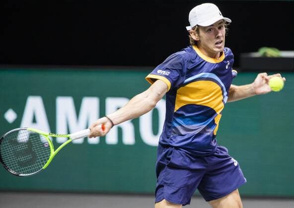 ROTTERDAM Alex de Minaur AUS in action against John Millman AUS on the second day of the ABN AMRO World Tennis Tournament in Rotterdam, The Netherlands, 02 March 2021 The ATP tournament in Ahoy takes place without an audience due to the corona pandemic ANP KOEN SUYK xVIxANPxSportx xxANPxIVx 428786406