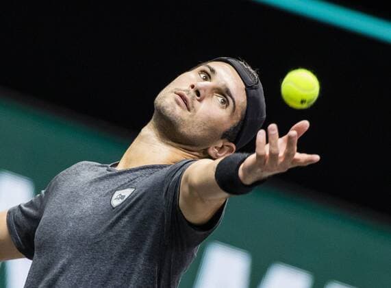 ROTTERDAM Marcos Giron USA in action against Andrey Rublev RUS on the second day of the ABN AMRO World Tennis Tournament in Rotterdam, The Netherlands, 02 March 2021 The ATP tournament in Ahoy takes place without an audience due to the corona pandemic ANP KOEN SUYK xVIxANPxSportx xxANPxIVx 428789205